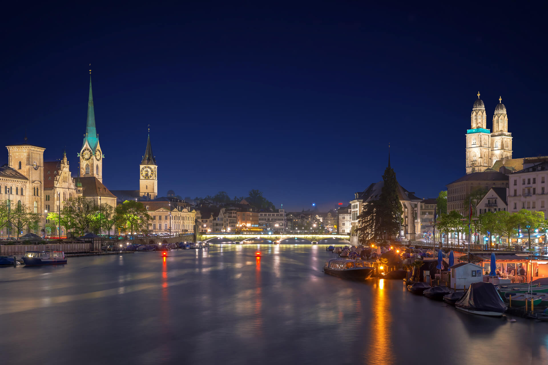 Fraumunster Church and river Limmat at Lake Zurich in twilight